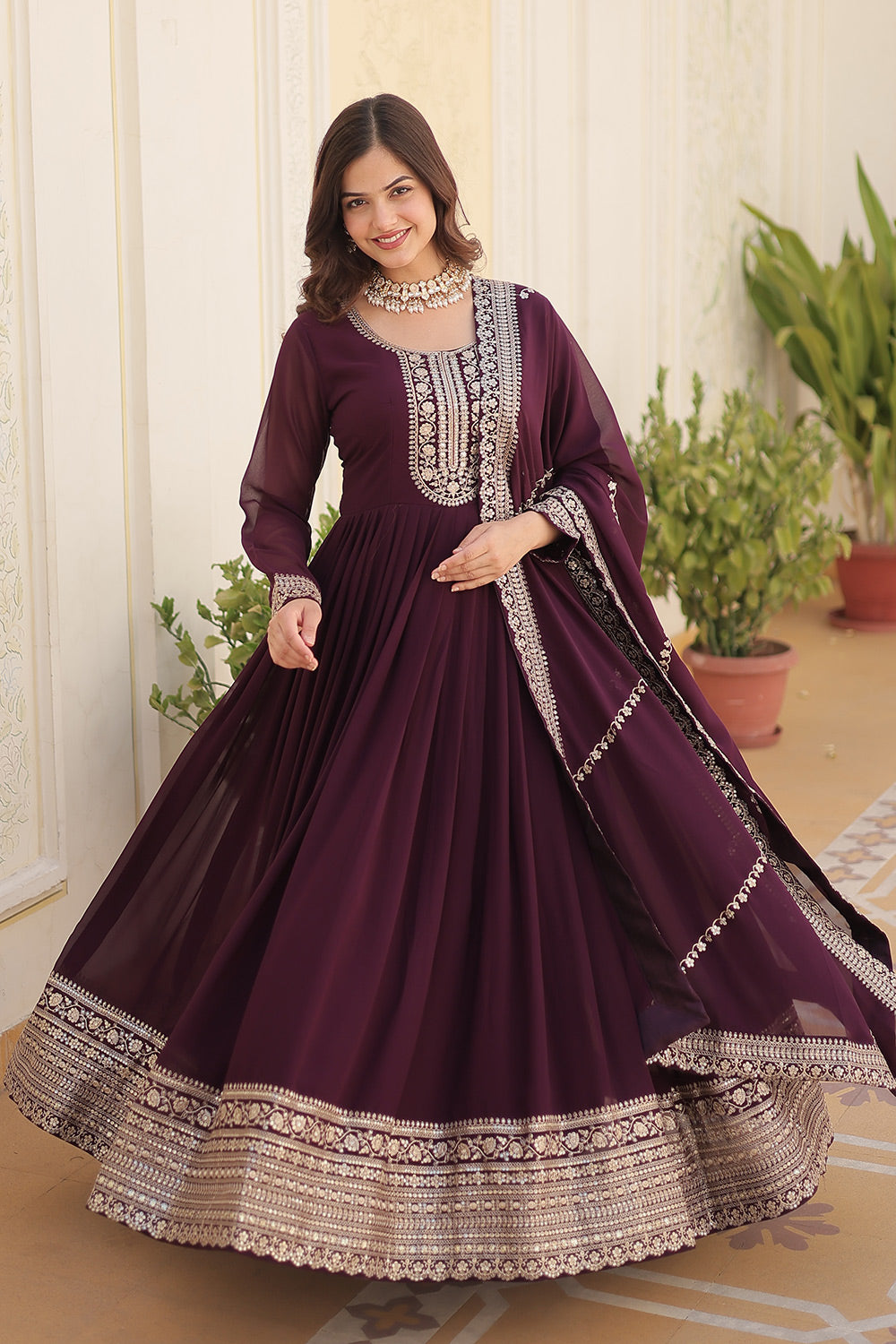 Wine Faux Blooming With Sequins Embroidered Work Gown With Dupatta
