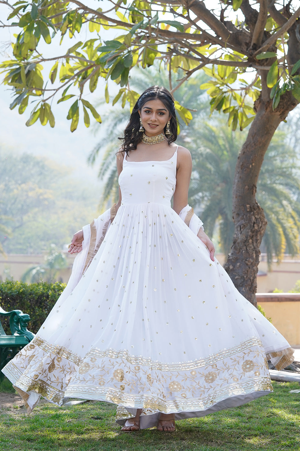 Beautiful White Faux Blooming Sequins Embroidered Work Gown