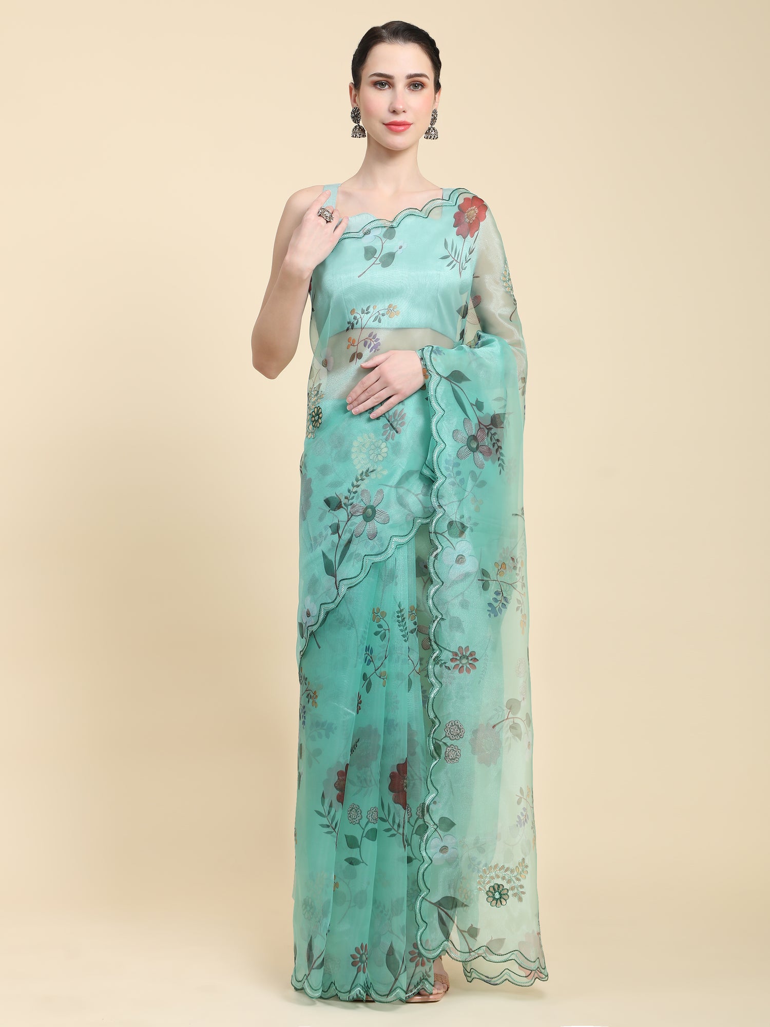 Teal Green Digital Print With Sequence Arco Border Saree