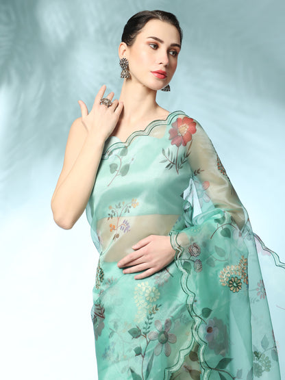 Teal Green Digital Print With Sequence Arco Border Saree