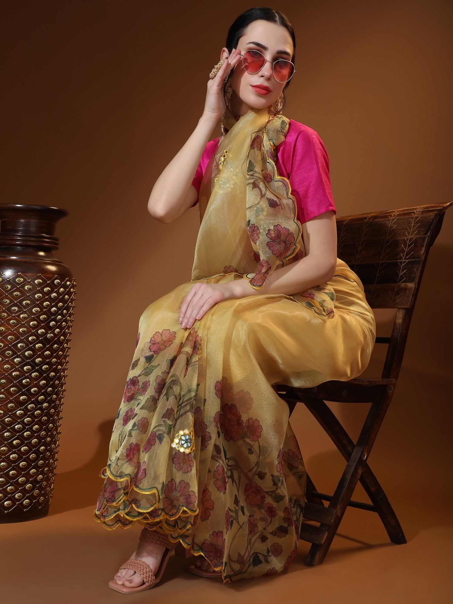 Yellow Organza  Floral Printed Saree With Pink Blouse