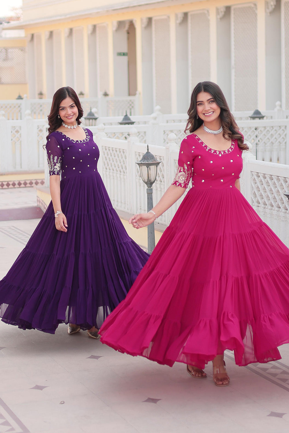 Beautiful Purple Faux Blooming Embroidered Work  Gown