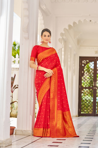 Beautiful Hot Red Banarasi Silk Saree With Zari Weaving