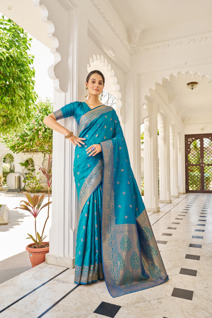 Latest Sky Blue Kanjivaram Silk Saree With Blouse