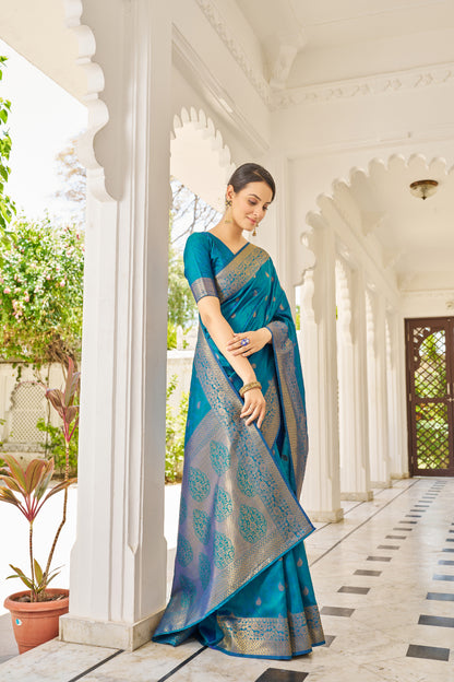 Latest Sky Blue Kanjivaram Silk Saree With Blouse