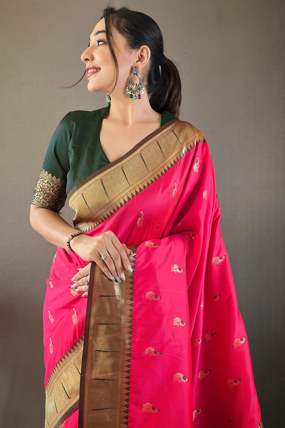 Pink Paithani Silk Saree With Zari Weaving Pallu &amp; Border