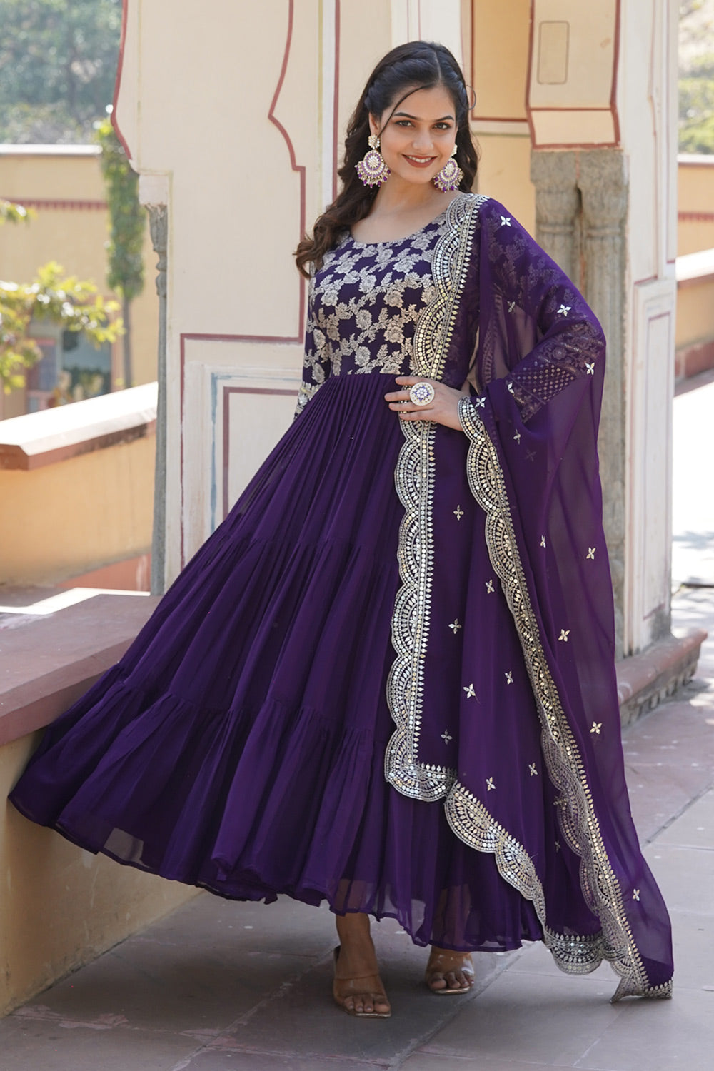 Beautiful Purple Faux Blooming Gown With Dupatta