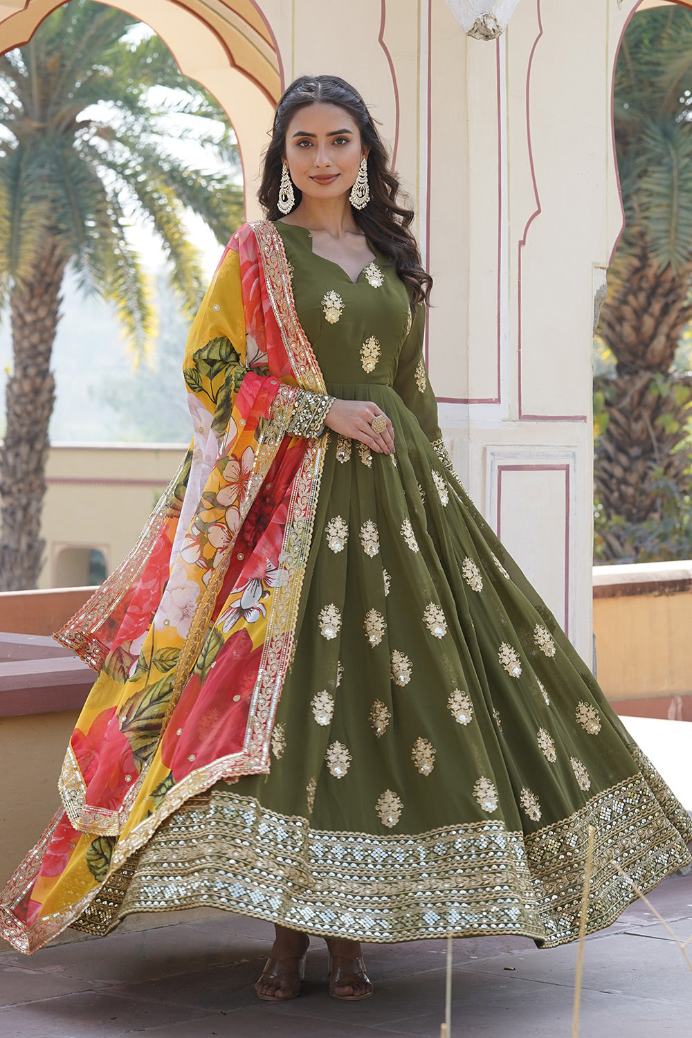 Mehndi Faux Georgette With Embroidery Zari Work Gown