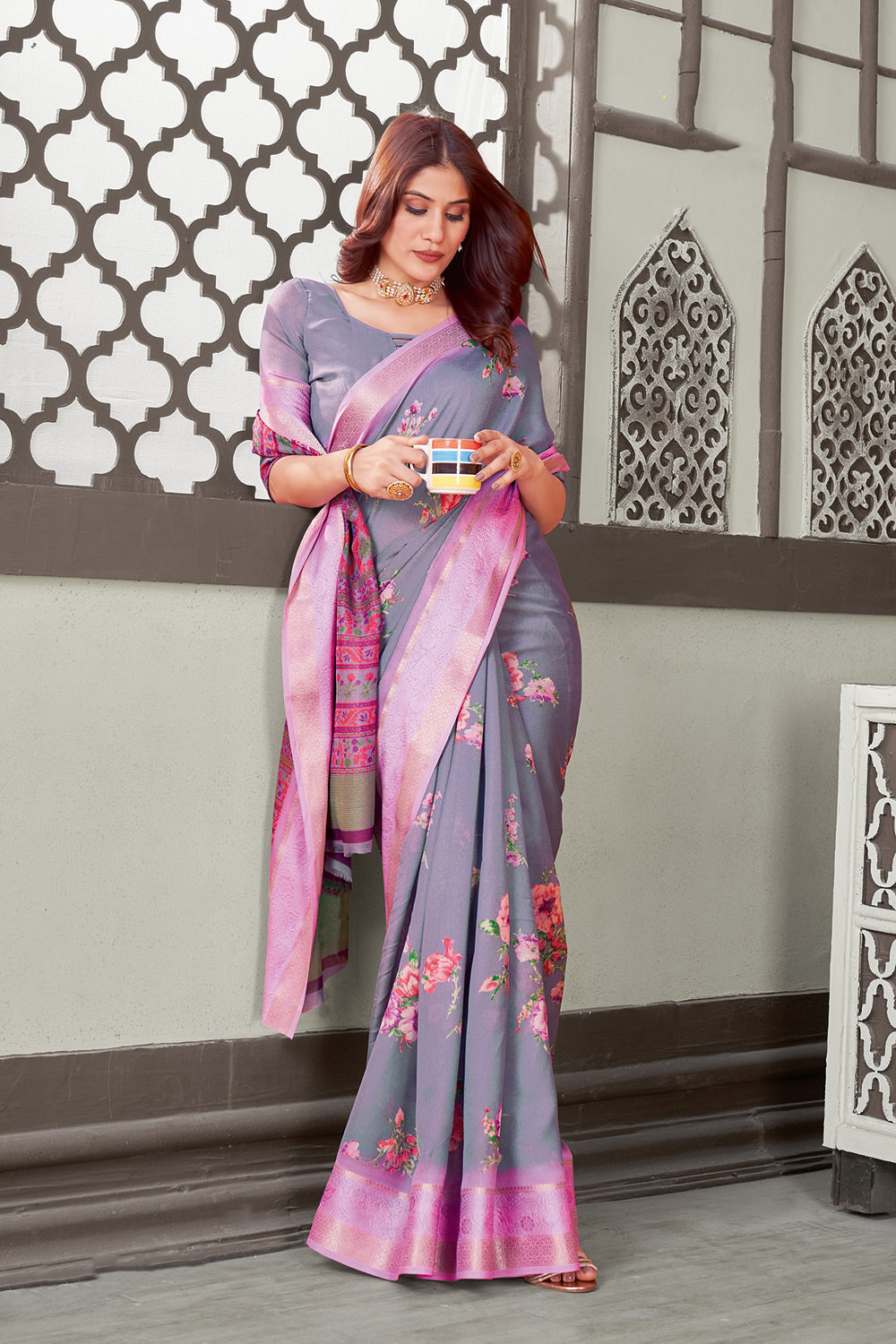 Grey Colour Printed Cotton Saree With Blouse