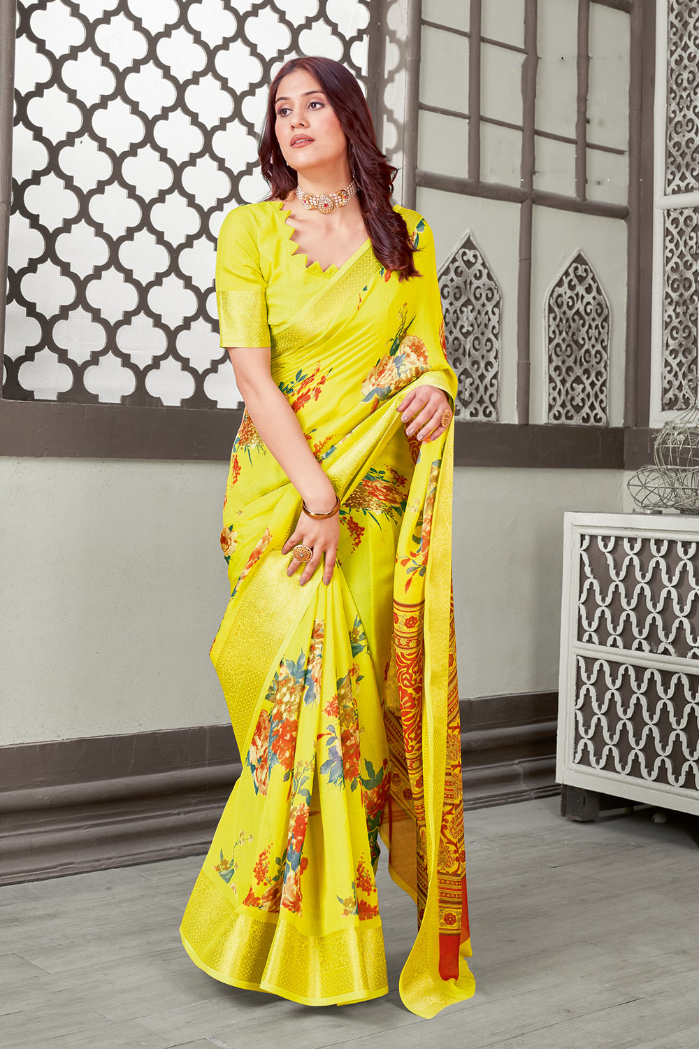Yellow Colour Printed Cotton Saree With Jacquard Border