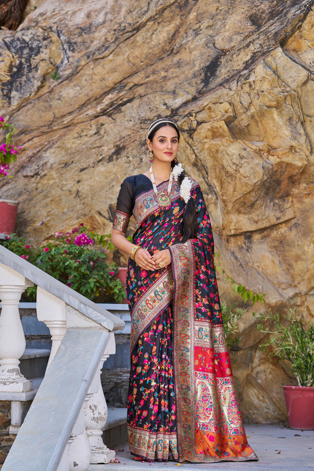 Berry Black Kashmiri Modal Handloom Weaving Saree