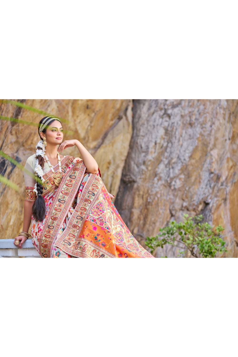 Latest Cream Colour Kashmiri Handloom Weaving Saree With Blouse