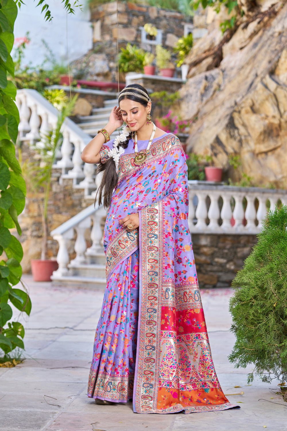 Lavender Color Kashmiri Modal Handloom Weaving Saree