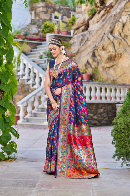Airforce Blue Kashmiri Modal Handloom Weaving Saree