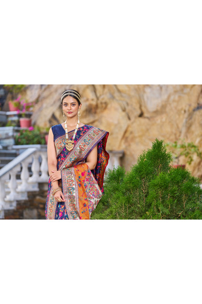 Airforce Blue Kashmiri Modal Handloom Weaving Saree