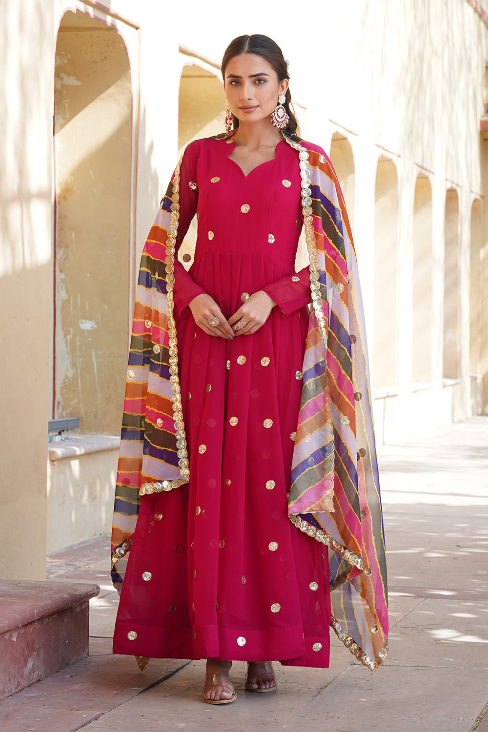 Pink Faux Blooming Gown With Silk Dupatta