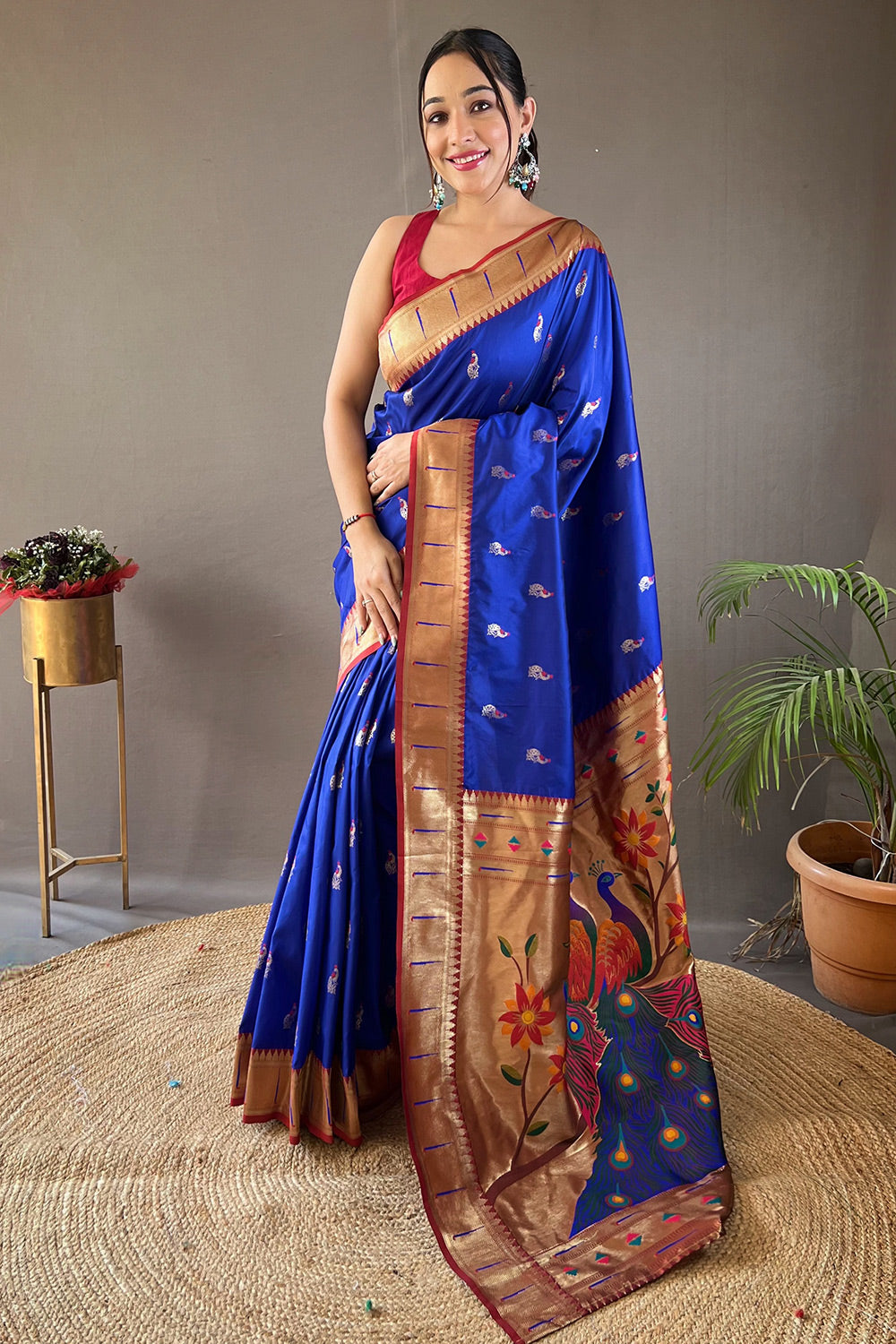 Blue Paithani Silk Saree With Zari Weaving  Border