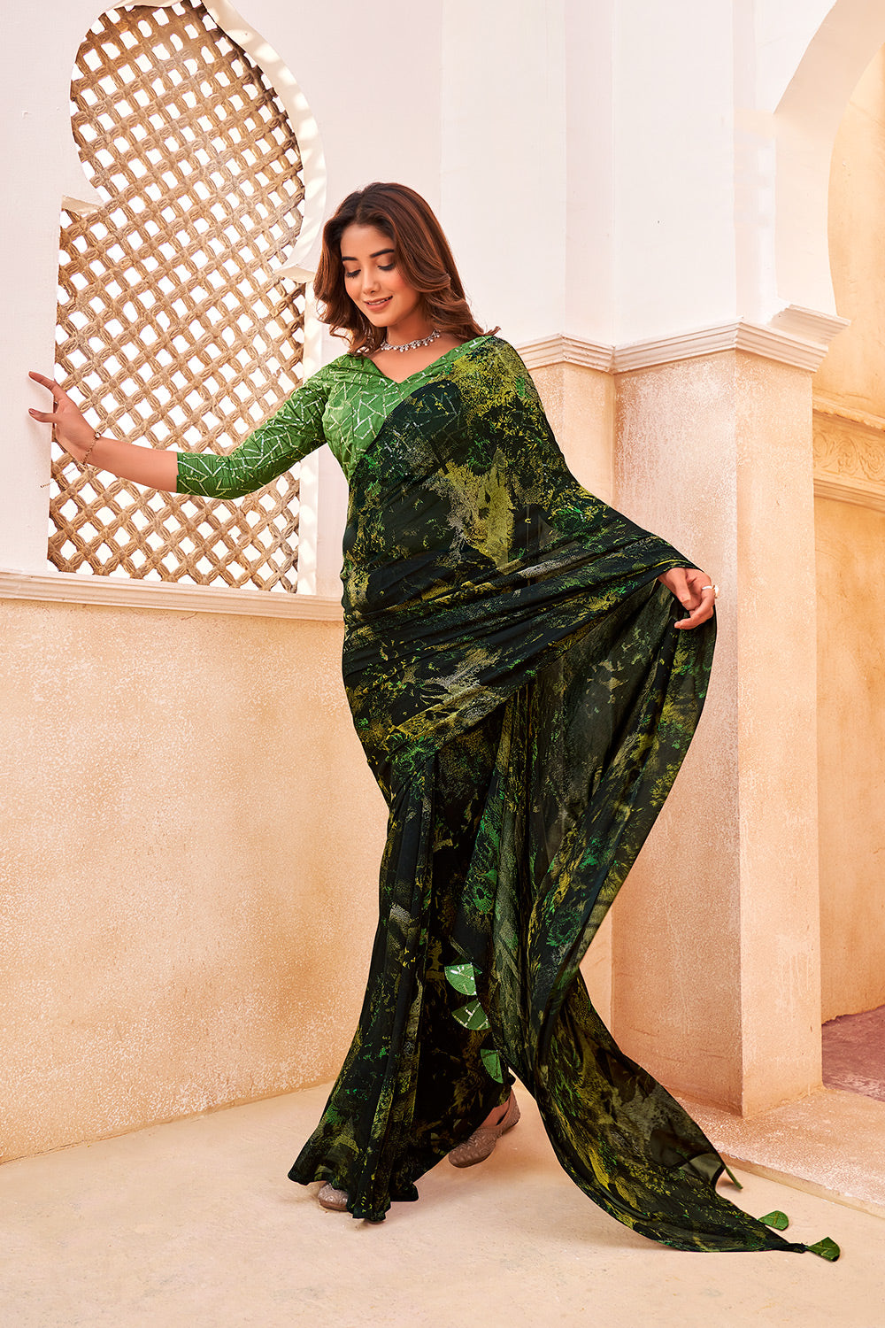 Green Colour Floral Printed Georgette Saree