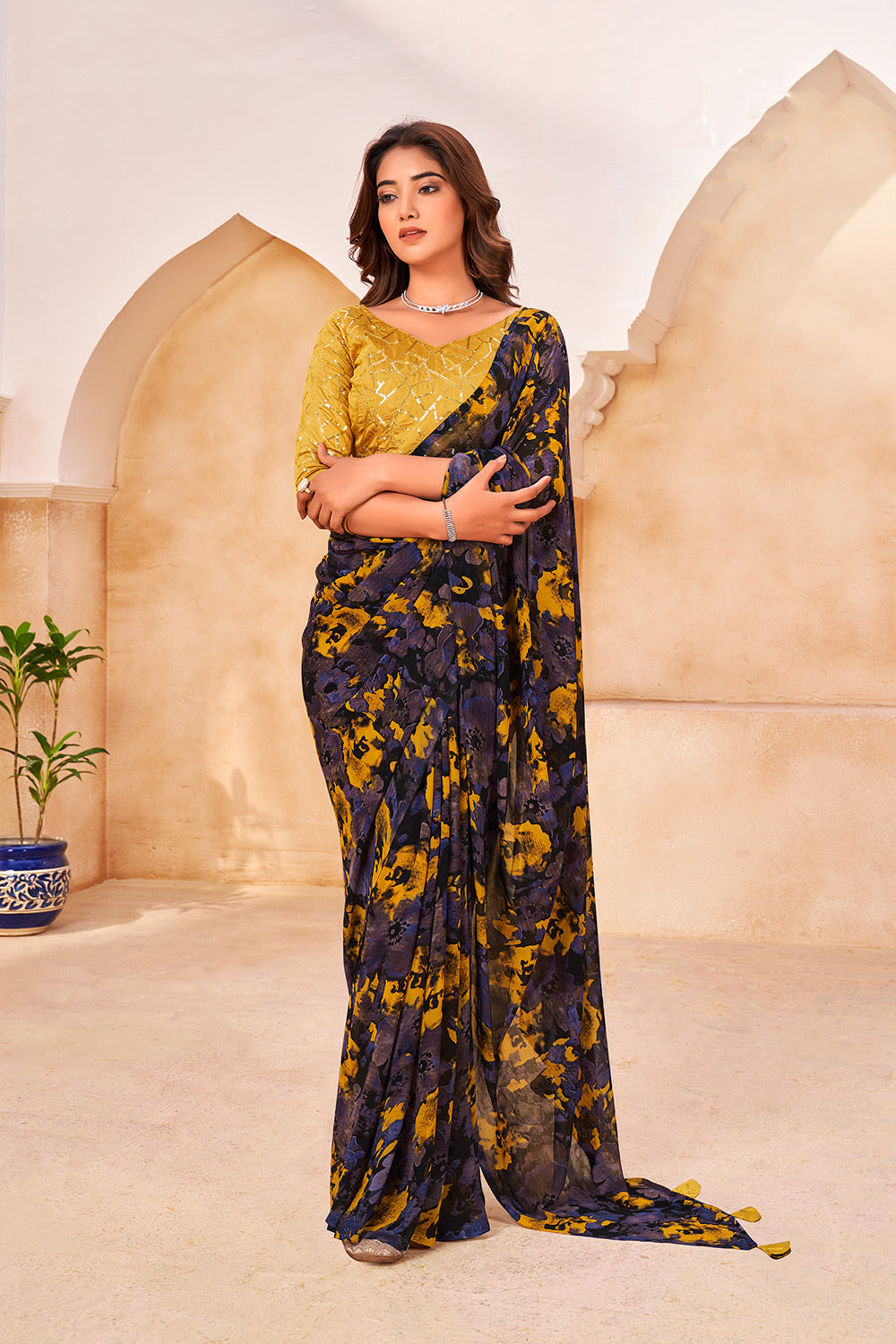 Purple And Yellow Floral Printed Georgette Saree With Tassels