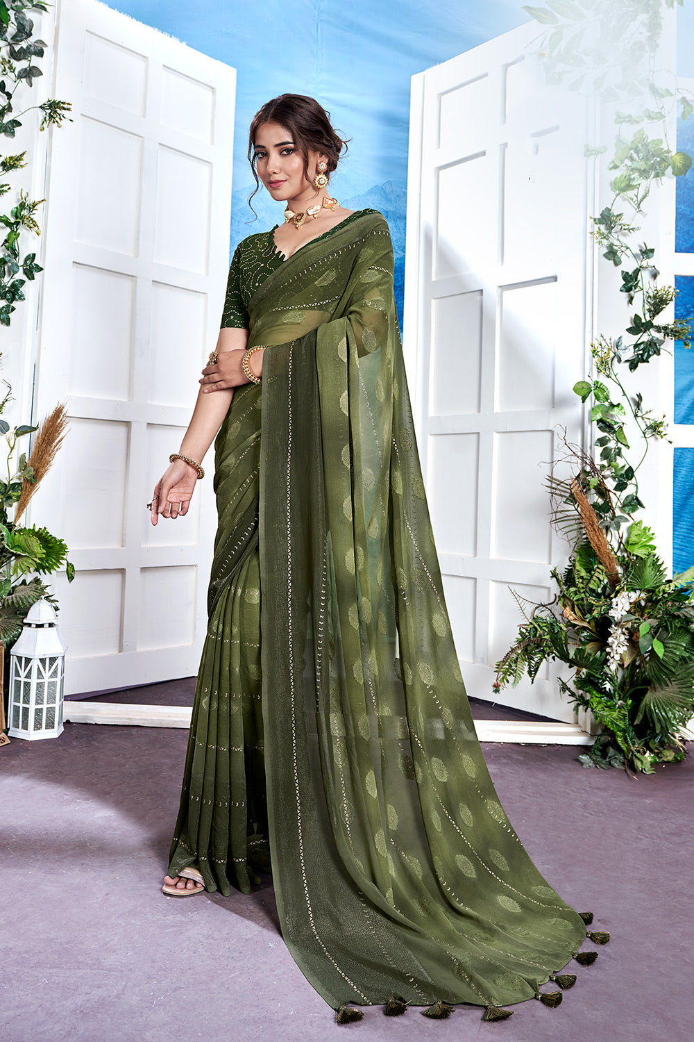 Green Colour Georgette Saree With Embroidery Work Blouse