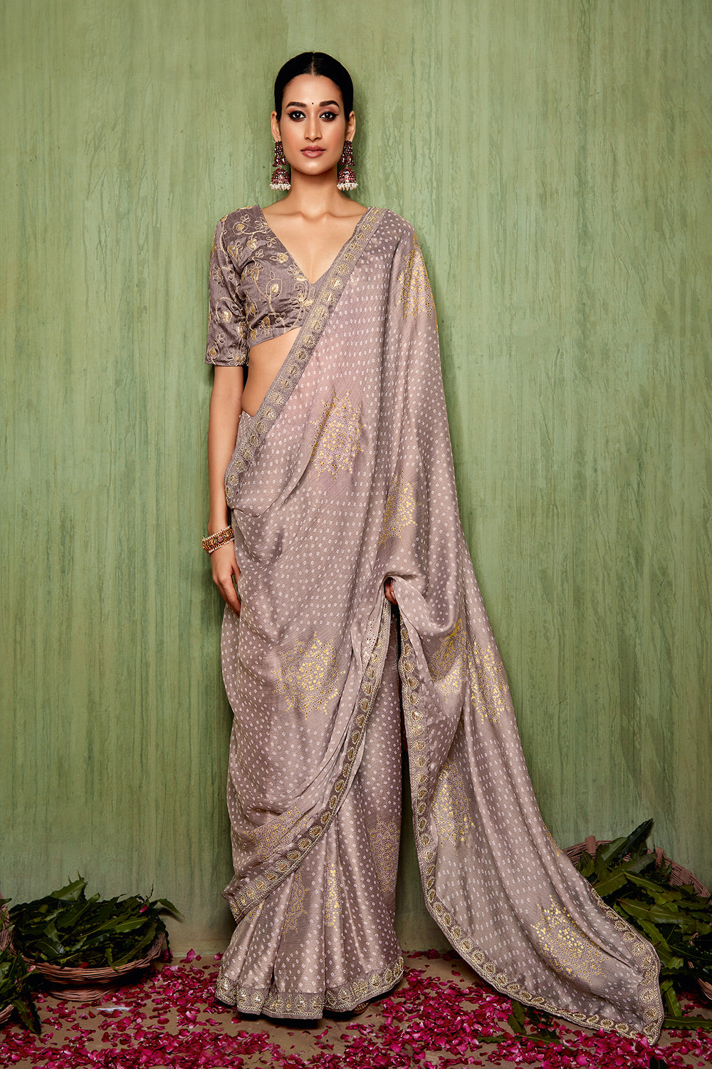 Gray Chiffon Bandhani Saree With Embroidery Work Blouse