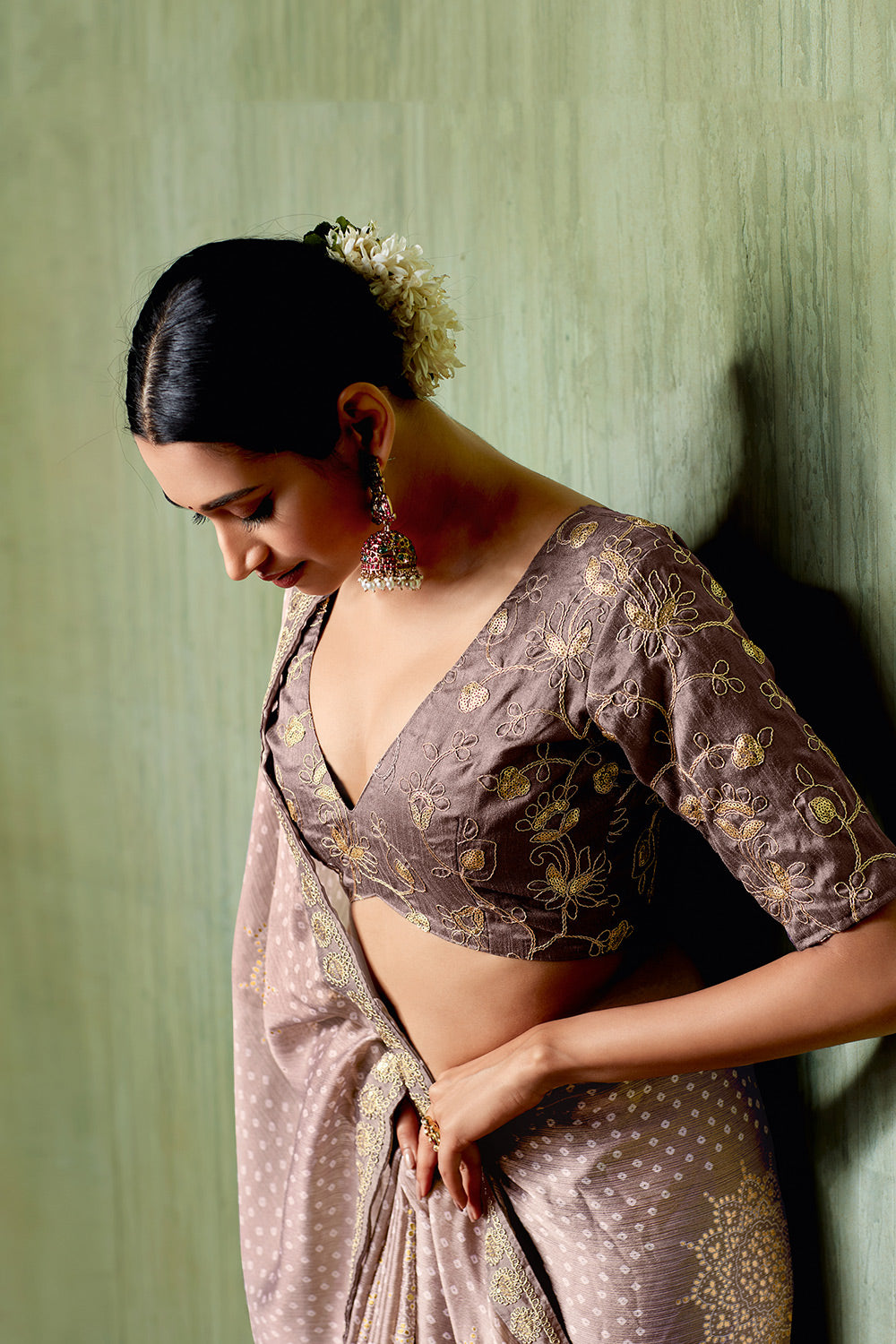 Gray Chiffon Bandhani Saree With Embroidery Work Blouse
