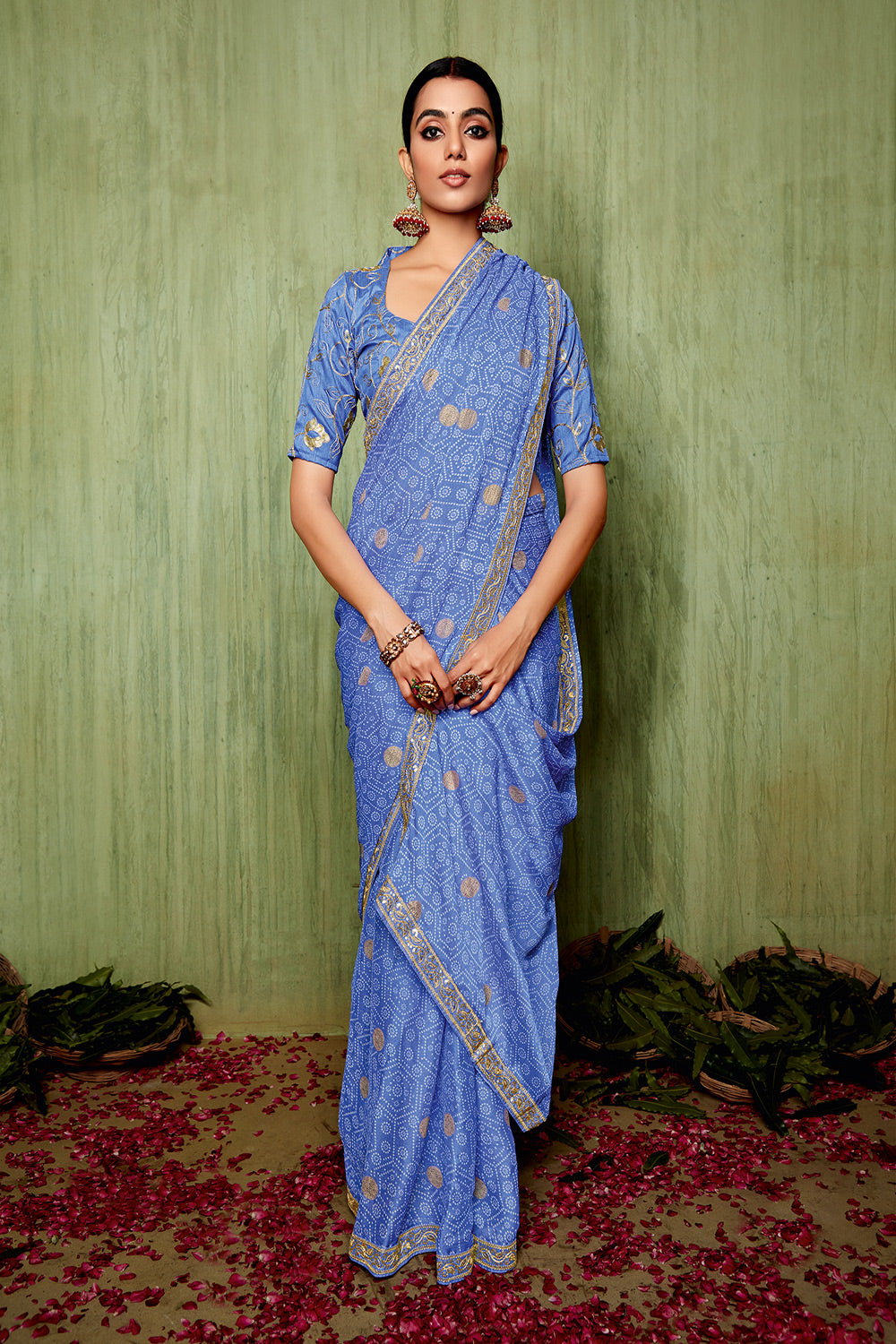 Pastel Blue Colour Chiffon Bandhani Embroidery Border Saree