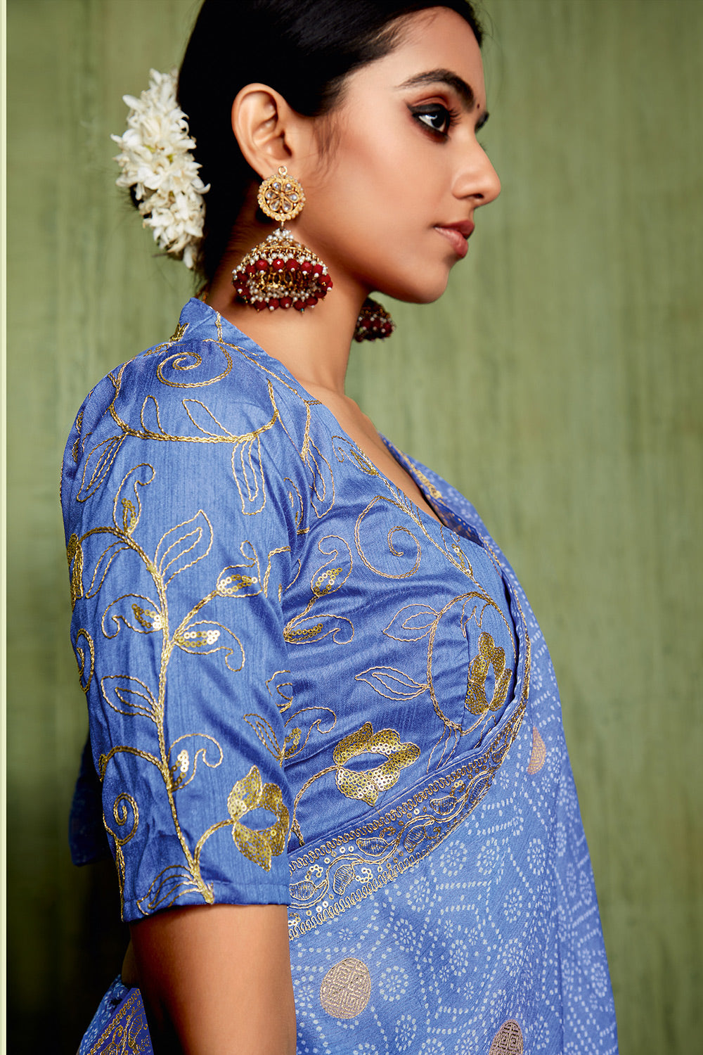 Pastel Blue Colour Chiffon Bandhani Embroidery Border Saree