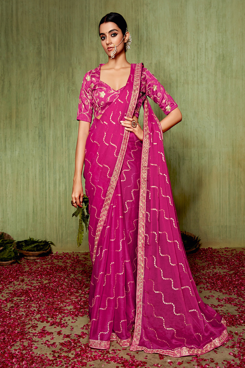 Rani Pink Chiffon Bandhani Embroidery Border Saree