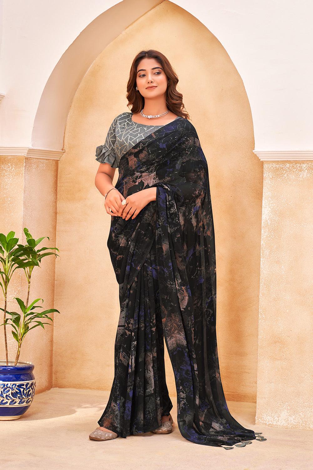Black Colour Georgette Saree With Embroidery Work Blouse