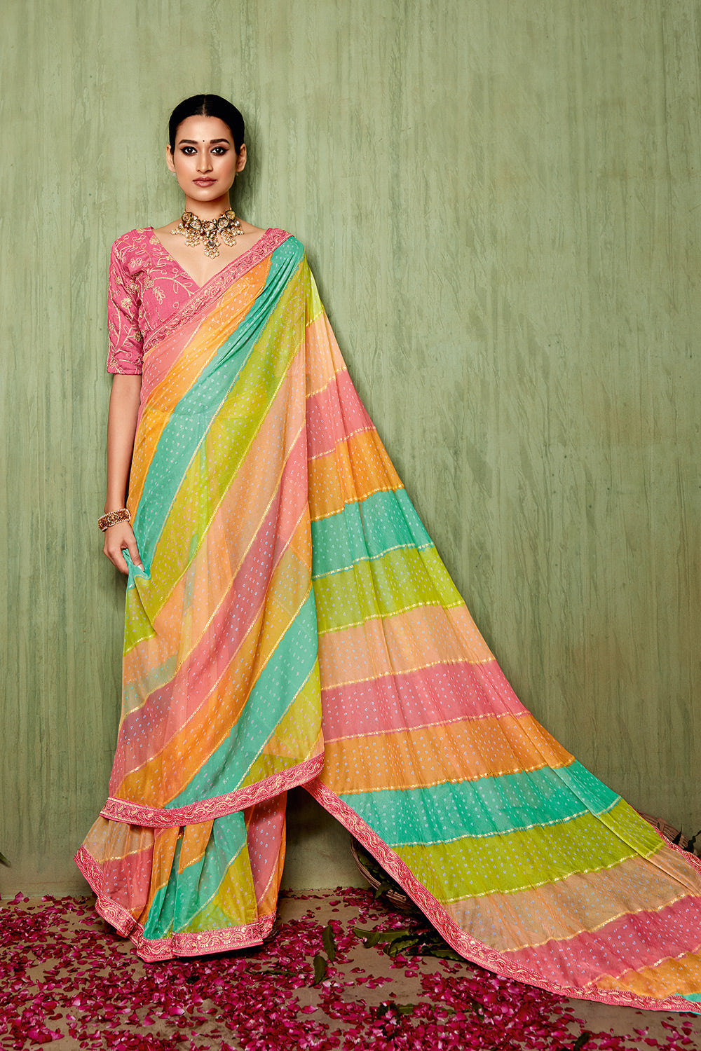 Multi-Colored Chiffon Bandhani Embroidery Border Saree