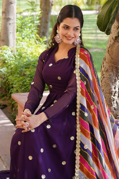 Purple Faux blooming  Gown With Digital Printed Dupatta