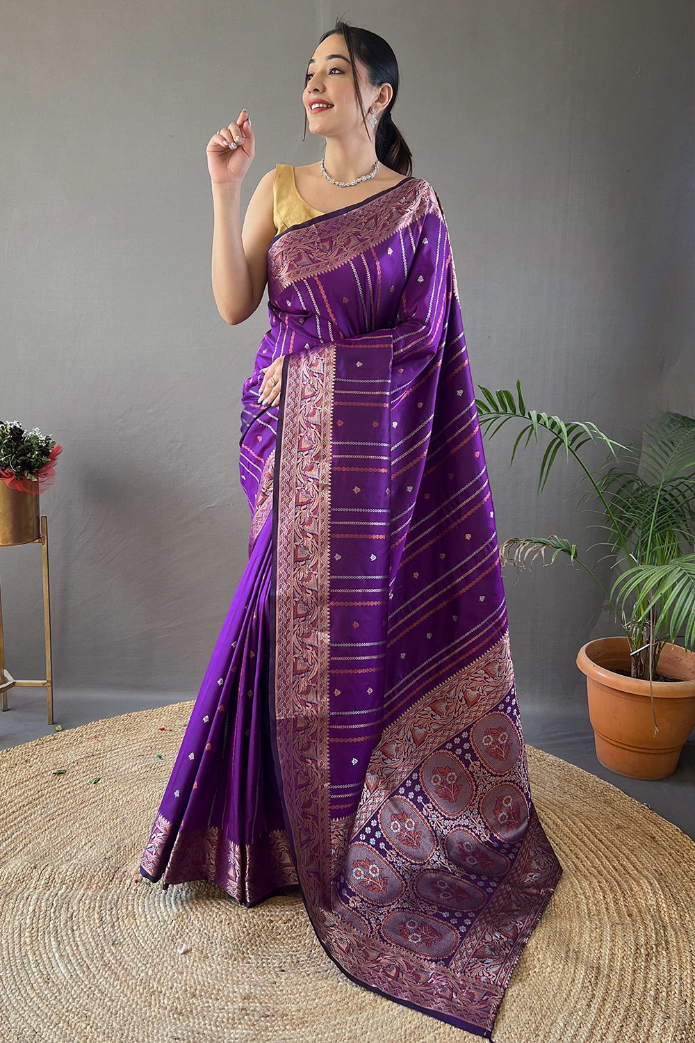 Purple Colour Silk Jacquard Weaving Border Saree