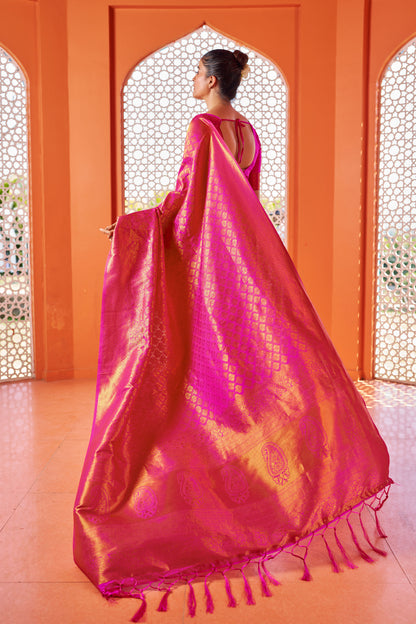 Dark Pink &amp; Golden Kanjivaram Wedding Saree With Blouse