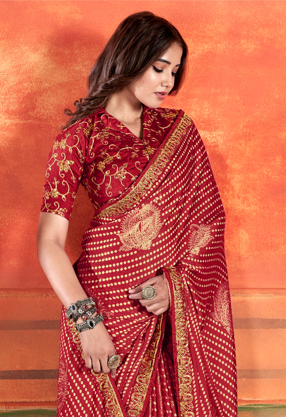 Red Colour Chiffon Saree With Embroidery Work