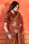 Deep Maroon Colour Chiffon Saree With Embroidery Work Blouse