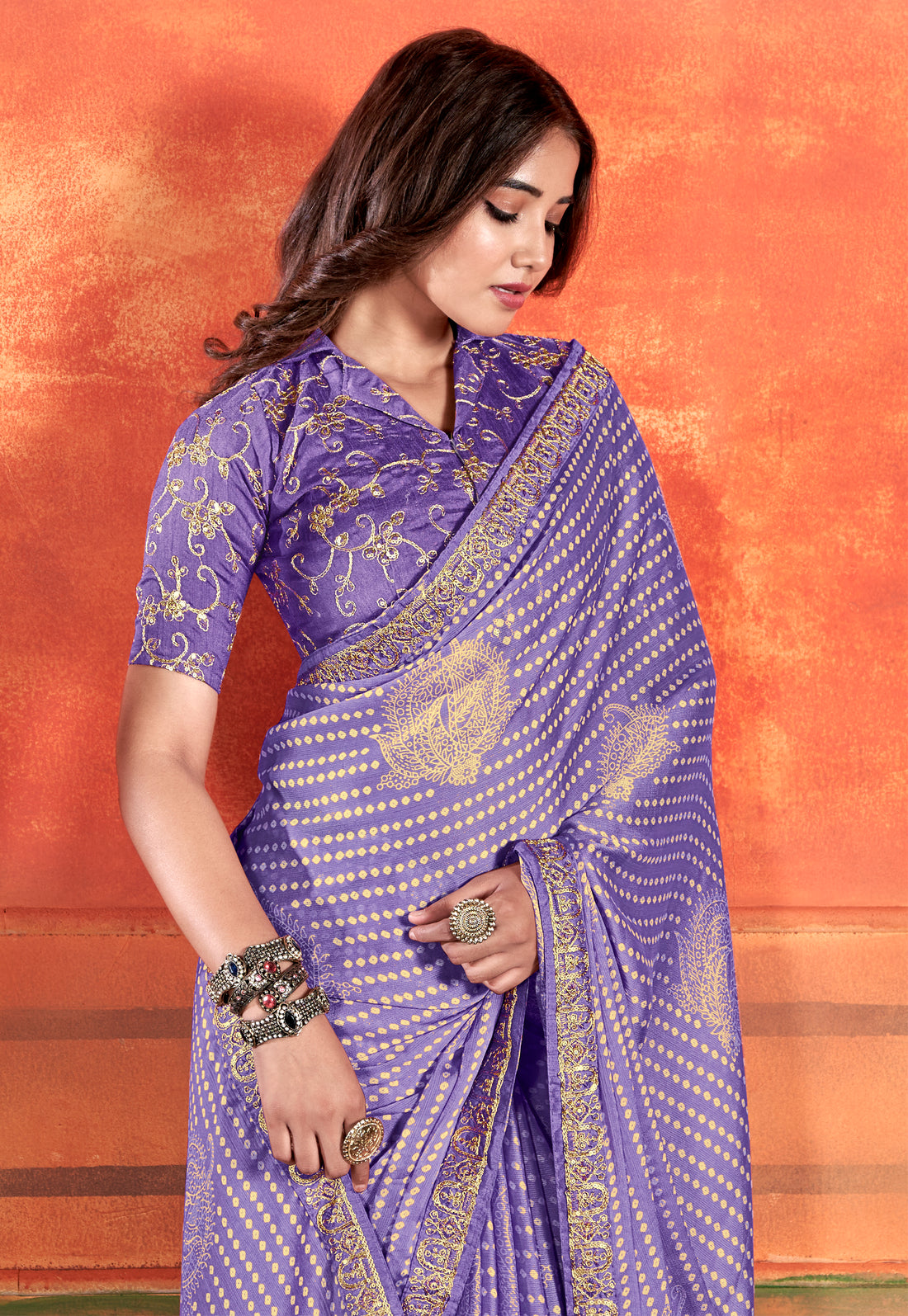 Lavender Colour Chiffon Saree With Embroidery Work Blouse