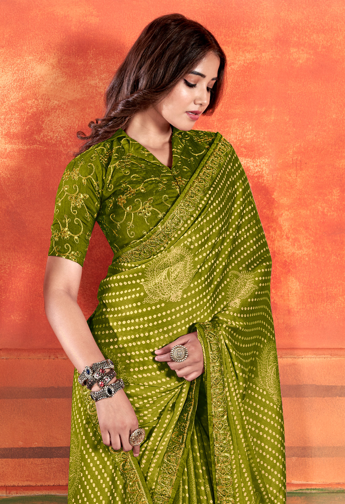 Olive Green Colour Chiffon Embroidery Work Saree