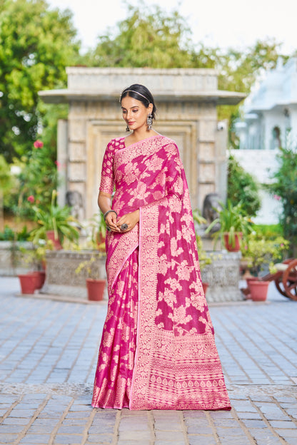 Rani Pink Lucknowi Work Silk Saree With Designer Blouse