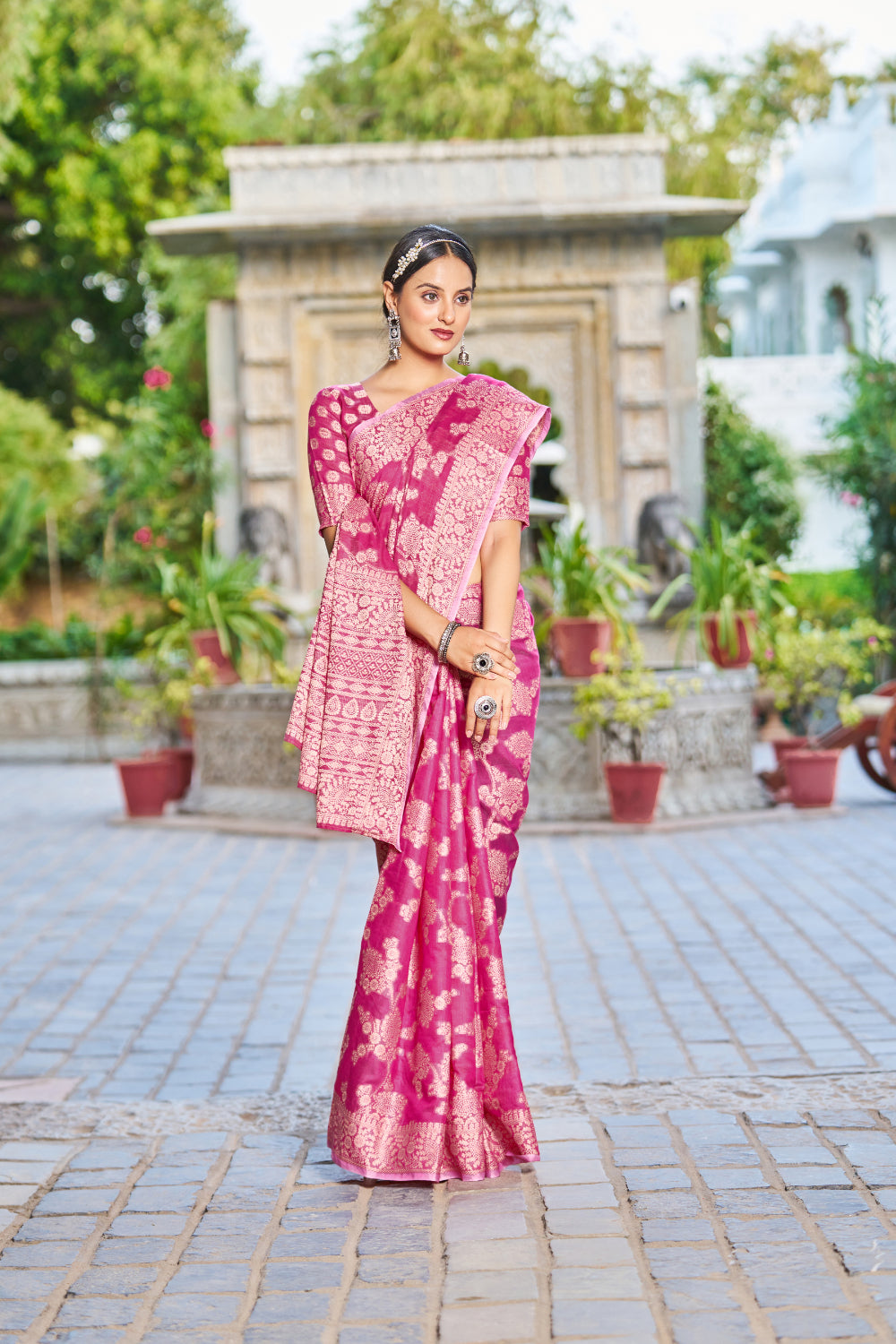 Rani Pink Lucknowi Work Silk Saree With Designer Blouse