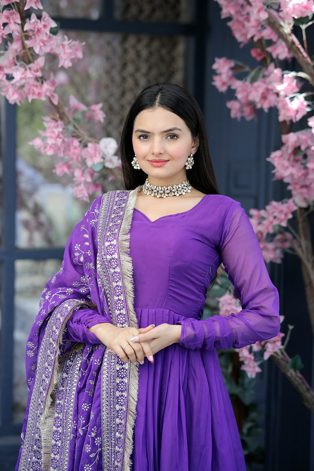 Purple Tebby Silk Plazzosuit With Embroidery &amp; Sequins Work Dupatta
