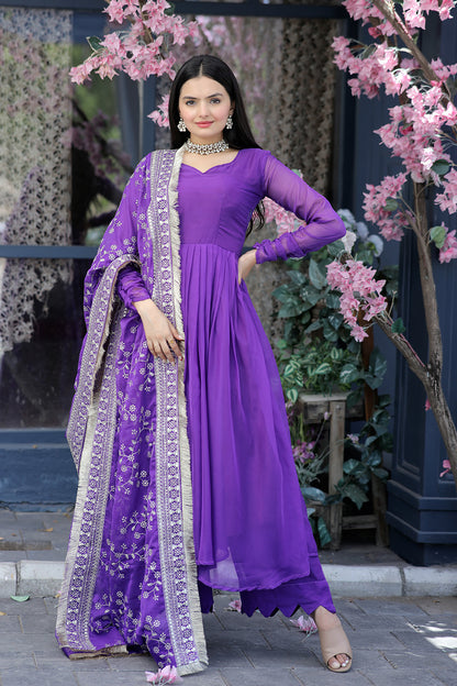 Purple Tebby Silk Plazzosuit With Embroidery &amp; Sequins Work Dupatta