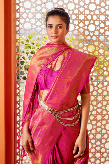 Dark Pink &amp; Golden Kanjivaram Wedding Saree With Blouse