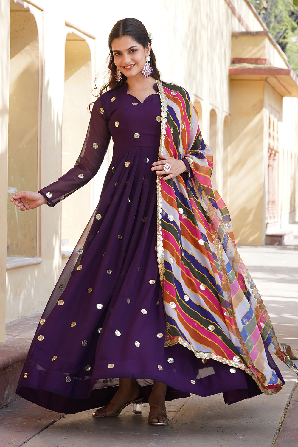Purple Faux blooming  Gown With Digital Printed Dupatta