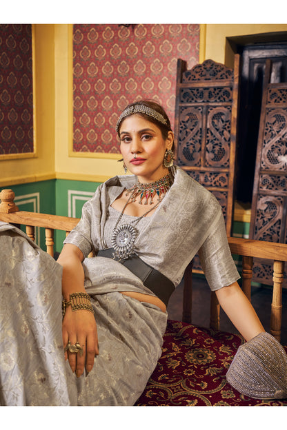 Stylish Grey Colour Handloom Weaving Saree