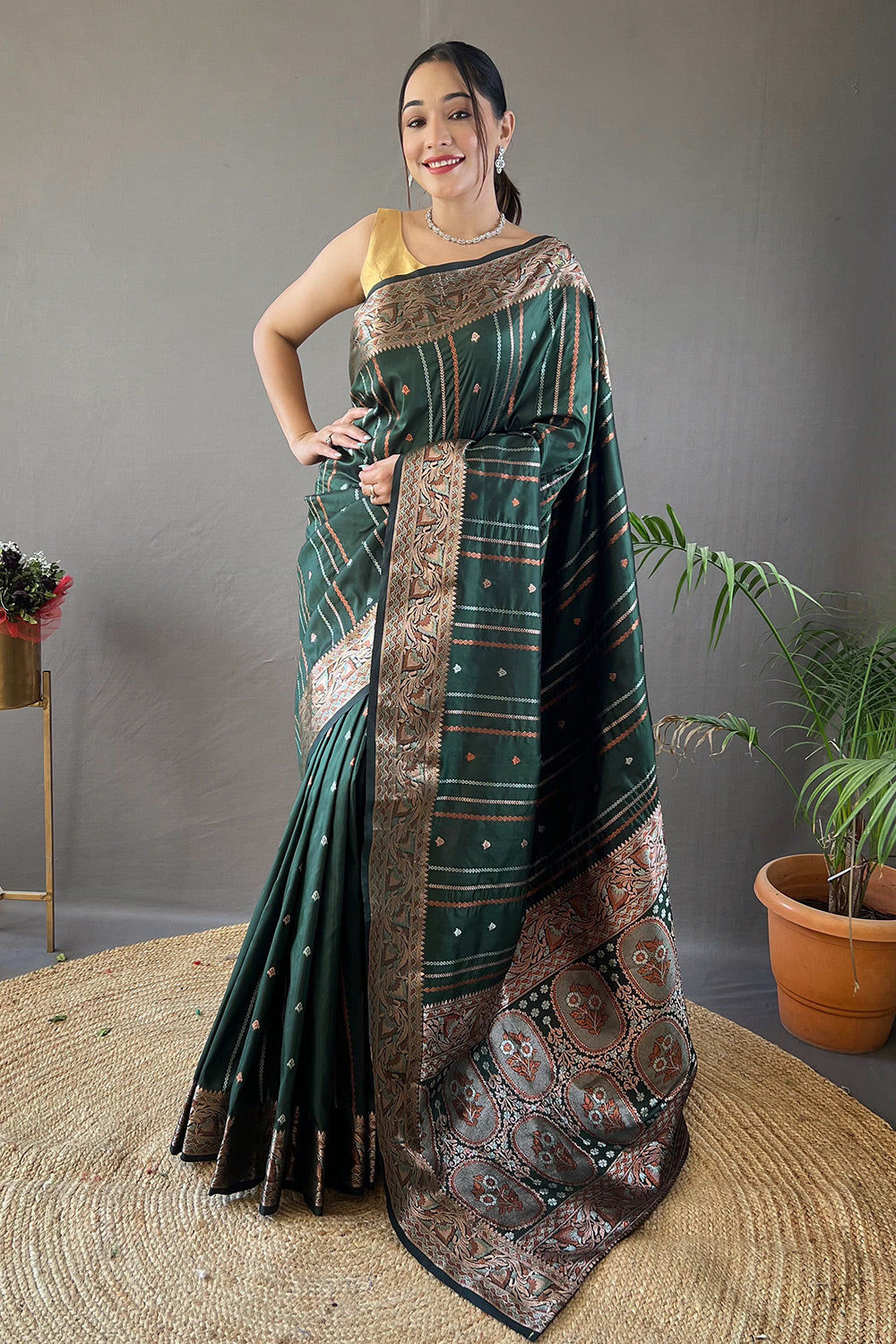 Green Colour Silver And Copper Zari Weaving Saree