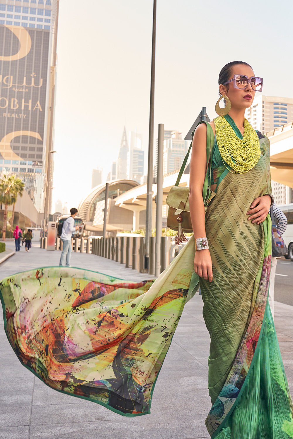 Mint Green Satin Silk Digital Printed Gorgeous Saree