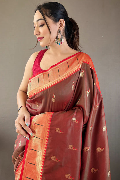 Brown Colour Paithani Silk Zari Weaving Saree