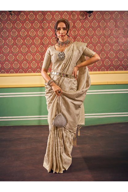 Latest Cream Colour Handloom Weaving Saree