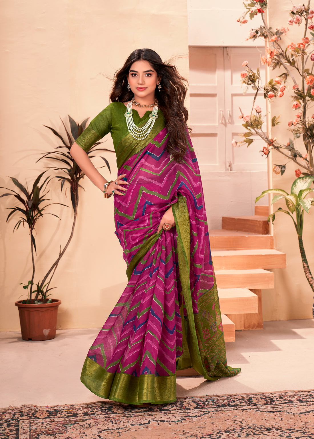 Pink Colour Soft Cotton Printed Saree With Green Blouse